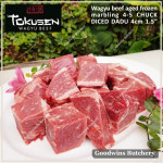 Beef CHUCK WAGYU TOKUSEN marbling <=5 aged frozen diced dadu saikoro 4cm 1.5" (price/pack 600gr 8-9pcs)